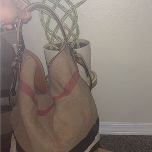 Burberry Tan and Black Tote with Red Accent